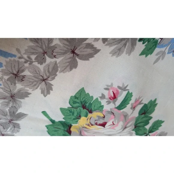 Vintage Floral Trellis Fabric Blue Stripe Border Pink Roses Cotton 132"x53" - Picture 10 of 11